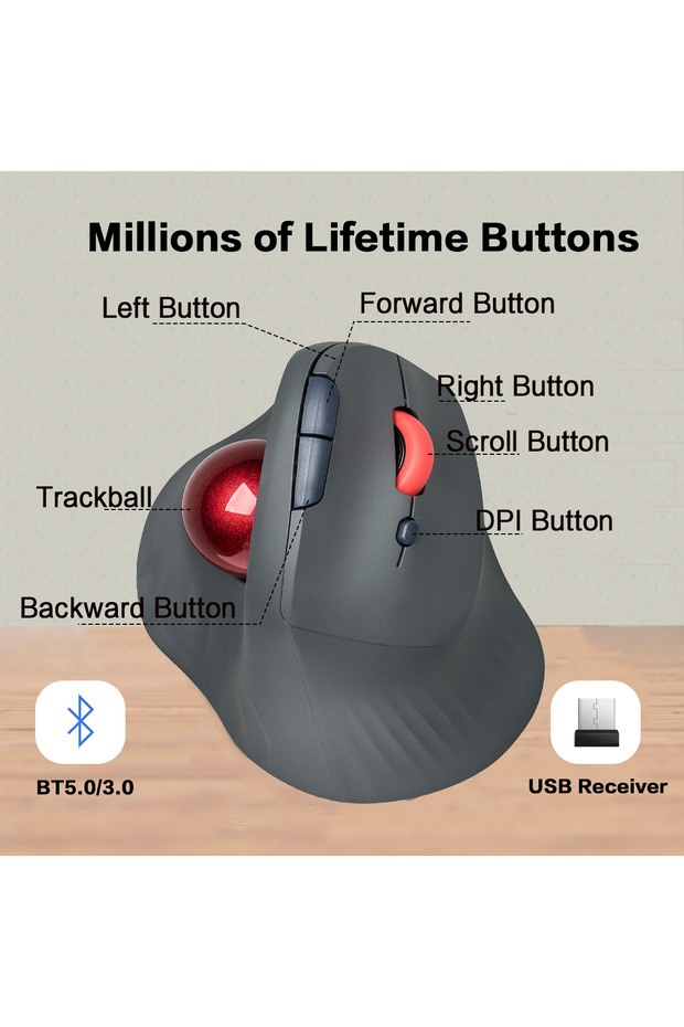 black JOMAA Wireless Trackball Mouse Vertical Rechargeable Rollerball Mouse Ergonomic Slient Clikc G