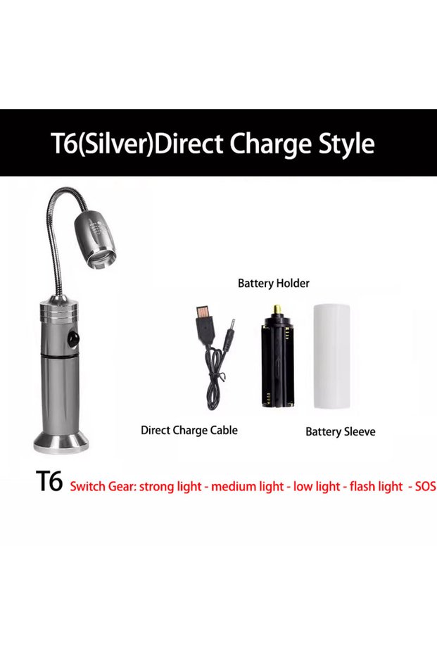 T6(Silver)USB Direct LED Flashlight Outdoor BBQ Light Zoomable Super Bright Grill Lamp Adjustable 36