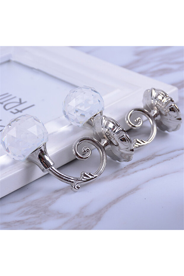 silver 2pcs Curtain Holdbacks Wall Mounted Drapery Tiebacks Metal Crystal Curtain Hanging Hook Decor