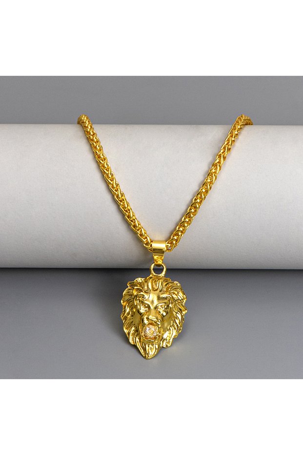 Gold Hip Hop 3D Gold Plated Lion Head With Crystal Bead Pendant Necklace For Men Animal Jewelry