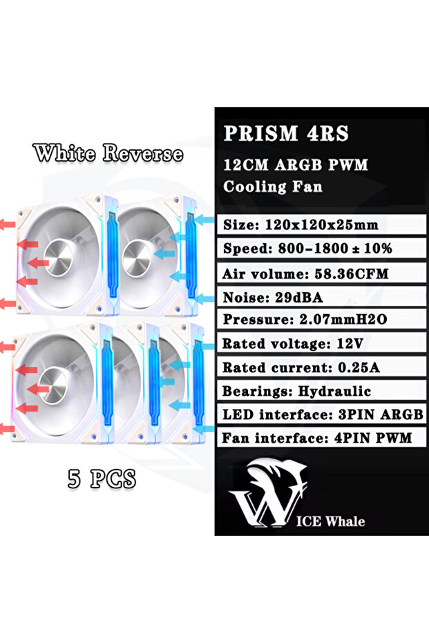 مروحة علبة الكمبيوتر A-RGB Other WT Reverse 5PCS ICE Whale Prism 4RS ARGB مقاس 120 مم بتصميم مرآة لا متناهية Mother