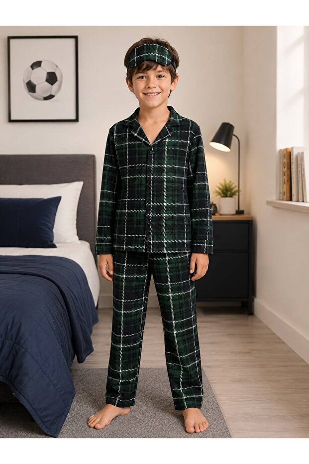 Boy's Cotton Milan Fabric Green Plaid Patterned Buttoned Seasonal Pajama Set with Sleeping Band