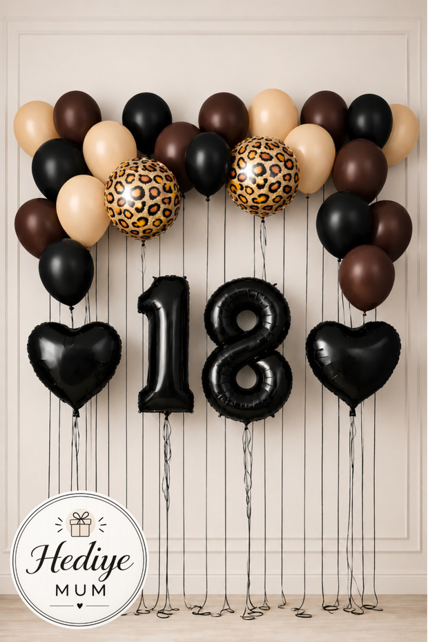 Leopard Patterned Concept Birthday Brown Black Number Balloon Set with Age Options and Candles