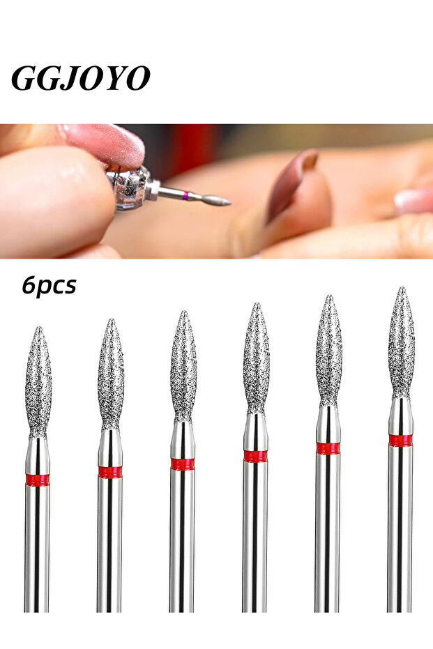 6pcs-Fine 6pcs Flame Shape Diamond Cuticle Nail Drill Bit Set, 6pcs Pro Manicure Drill Bits for Nail
