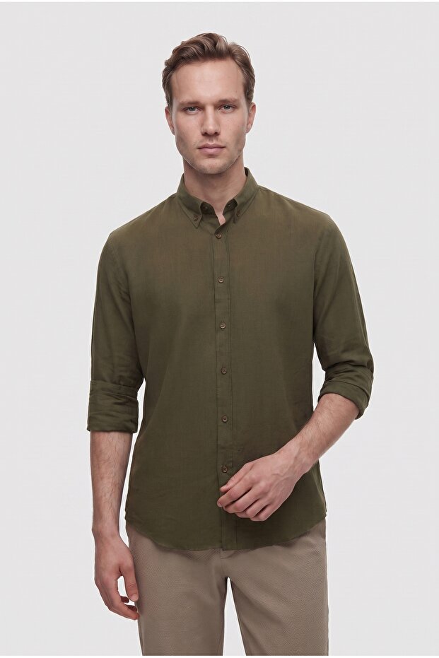 Slim Fit Khaki Button Collar 100% Cotton Summer Flared Linen Look Shirt