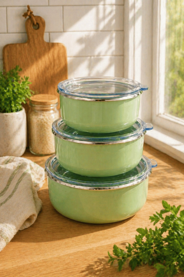 3-Piece Enamel Storage Container Set with Vacuum Lid, Can Be Used on the Stove, Green 14-16-18 cm