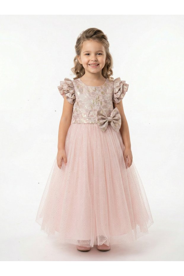 Girls Textured Party Dress with Cap Sleeve