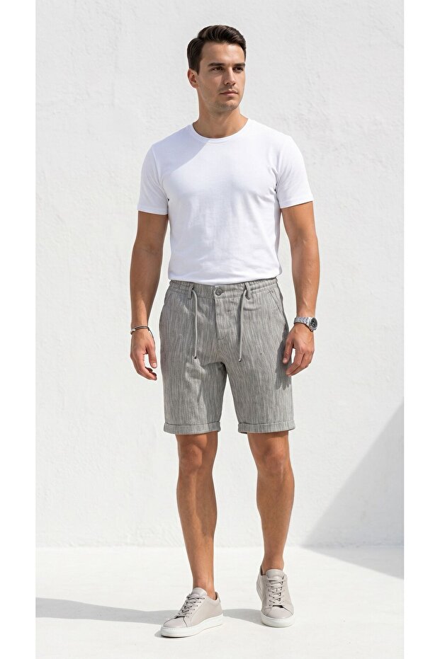 Men's Linen Shorts with Elastic Waist and Drawstrings, Summer Comfortable Cut, Daily Casual Bermuda Shorts