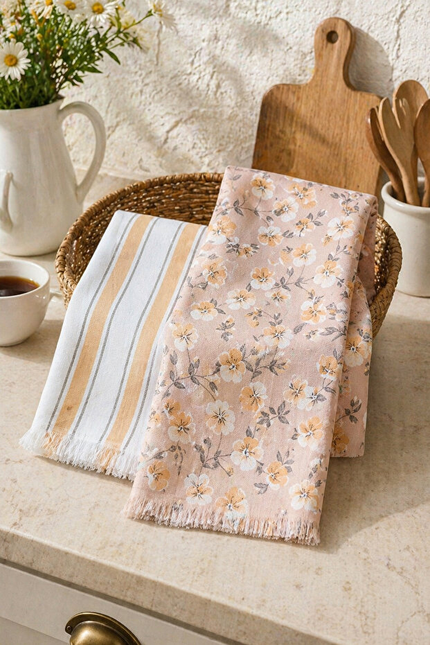 Set of 2 Digital Printed Kitchen Towels – 40X50 cm Fringed Drying Cloth