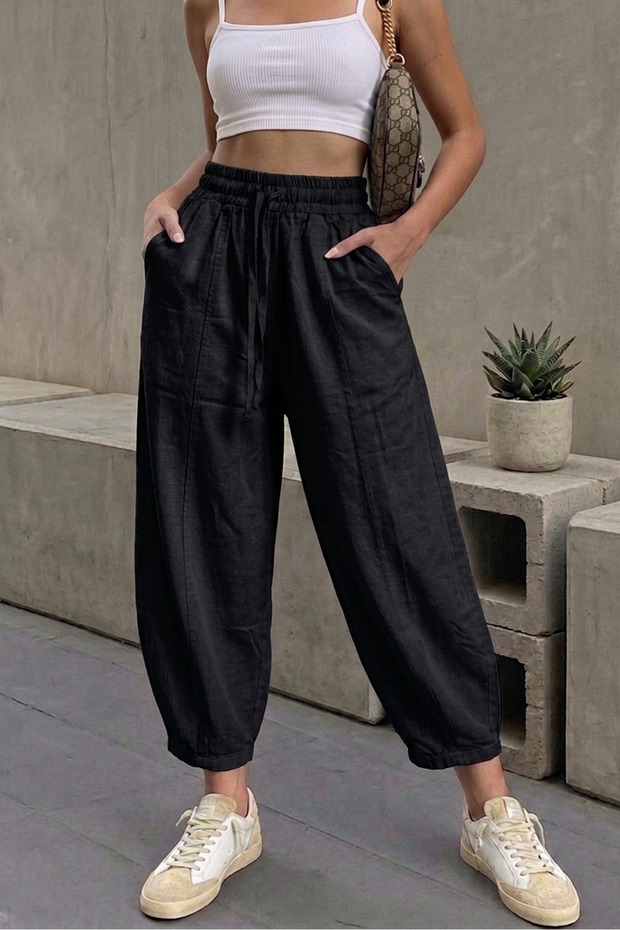 Women's Black Linen Fabric High Waist Shalwar Baggy Pants