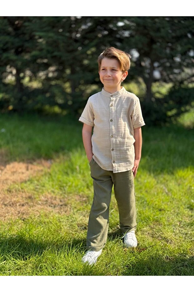 Boy's muslin fabric bottom top shirt 2 piece set