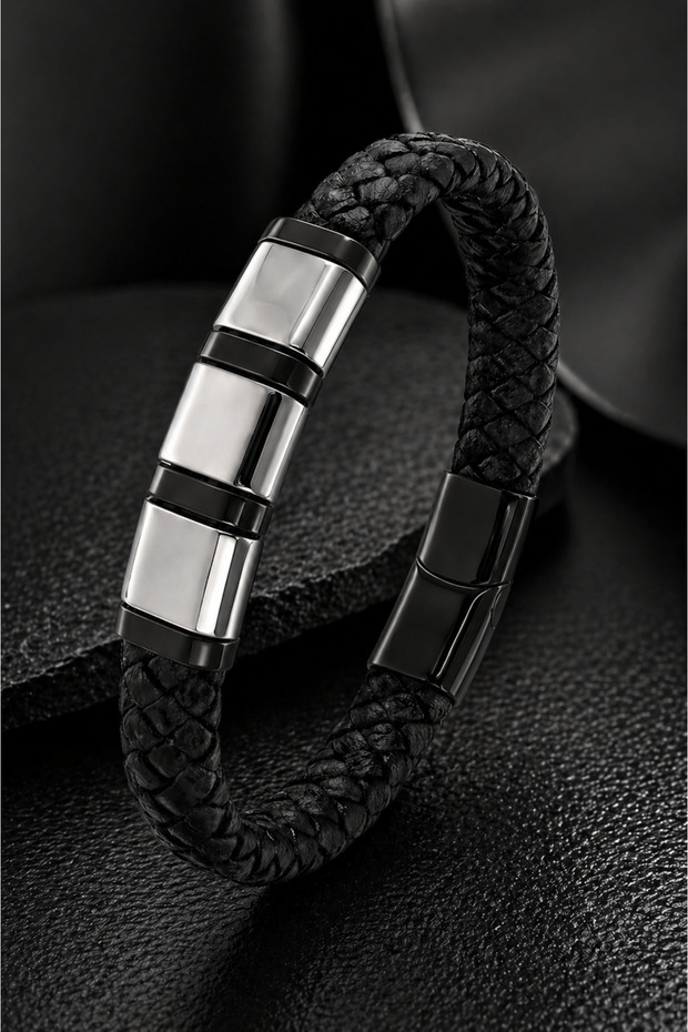 Men's Leather Bracelet with Steel and Black Color Detail, Braided Design, Stylish Bracelet with Lock