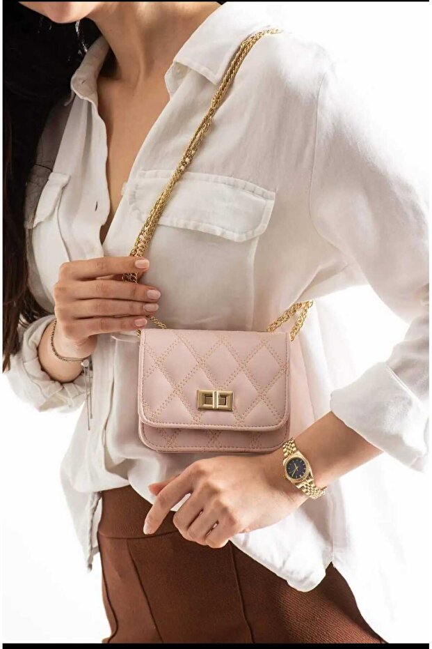 Women's Chain Strap Diamond Pattern Shoulder Crossbody Bag Powder