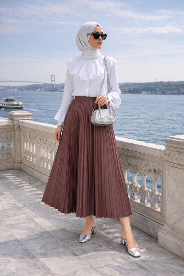 Women's Premium Pleated Brown Long Hijab Skirt
