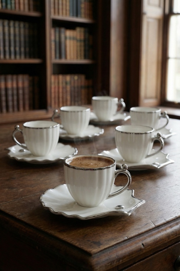 İnci 6-Person Porcelain Silver Coffee Cup Set - 90 ml