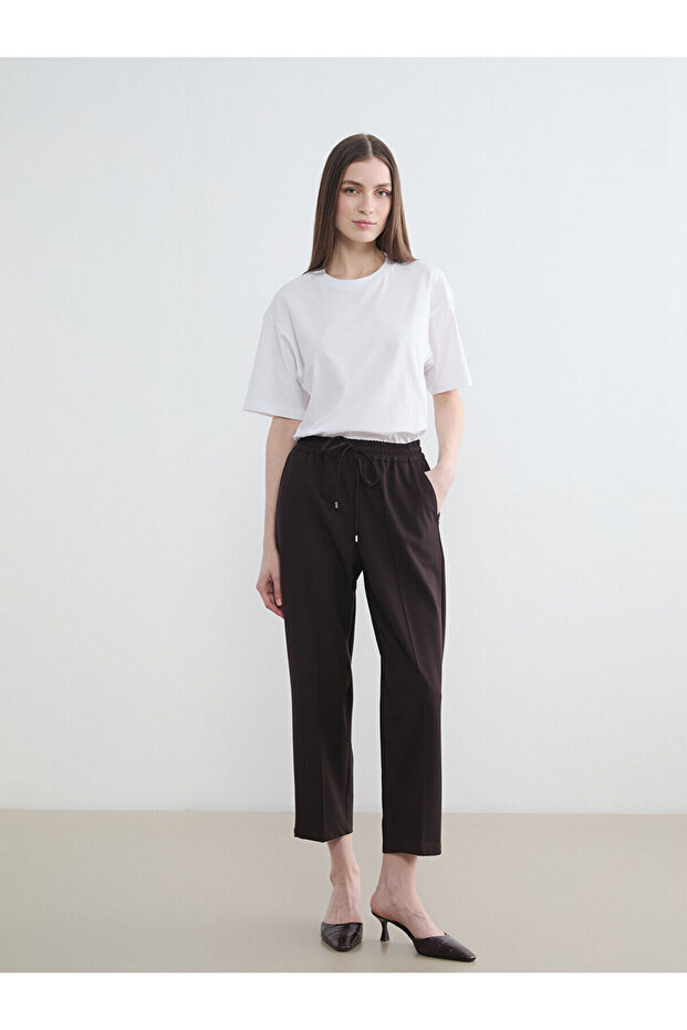 Brown Elastic Waist Women's Trousers