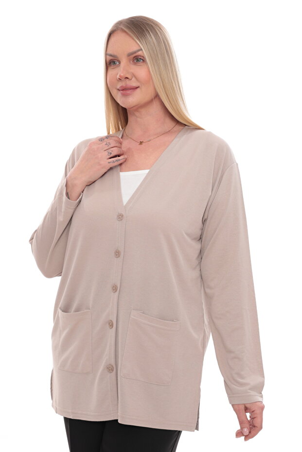 Women's Buttoned Pocketed V-Neck Casual Summer Combed Cotton Mother's Jacket Cardigan