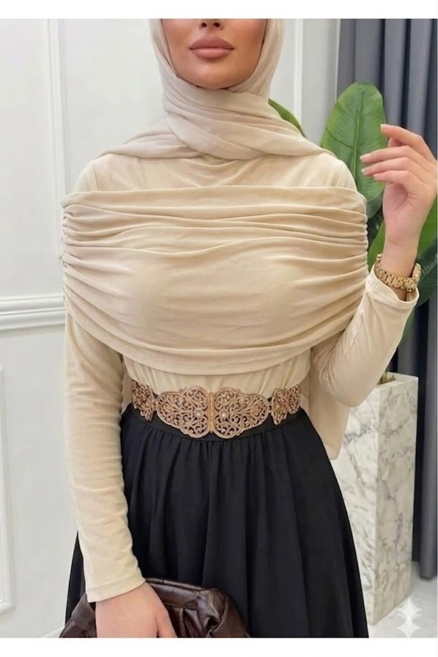 Beige Sandy Fabric Draped Collar Hijab Blouse • Women's Stylish Elegant Long Sleeve Modern Combination