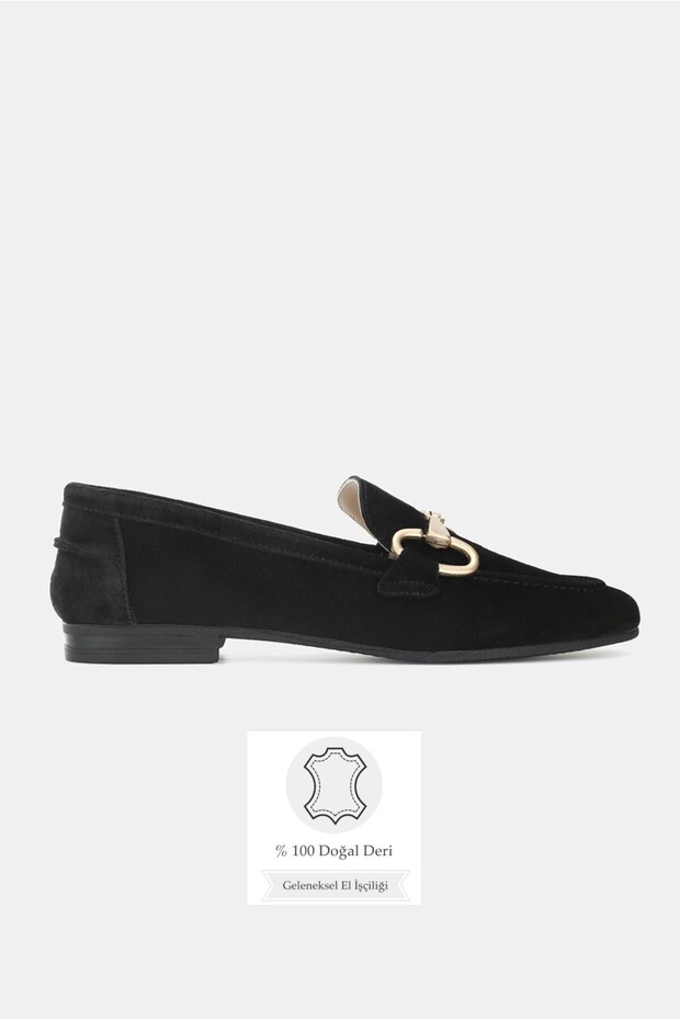 Women's Black Suede Genuine Leather 36-41 Number Buckle Ballet Flat