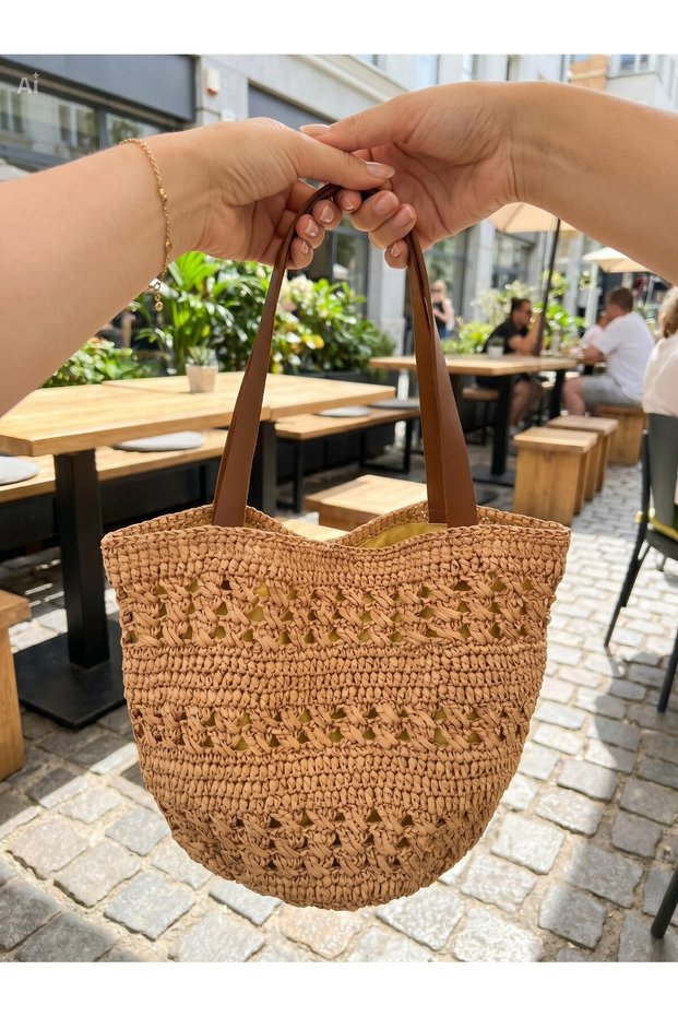 Women's Beige Handmade Raffia Knitted Shoulder Bag - Bohemian Stylish Daily Bag
