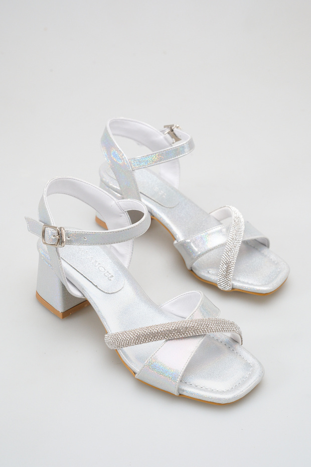 Silver Evening Dress with Stone Detail Comfortable Girls' Evening Dress with Stone & Piping Detail Silver Girls' Heeled Shoes