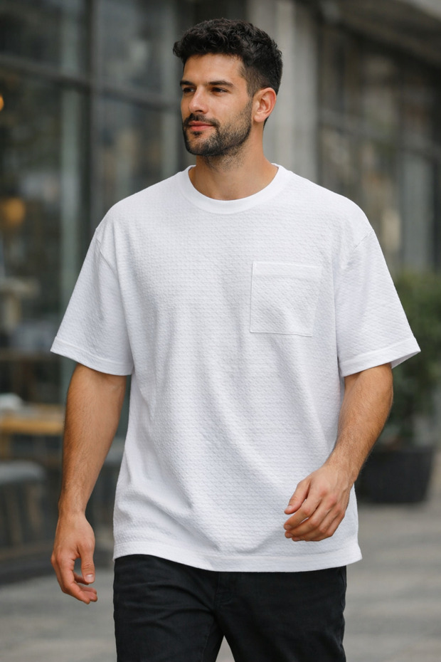 Men's White Waffle Woven Short Sleeve Oversize T-Shirt
