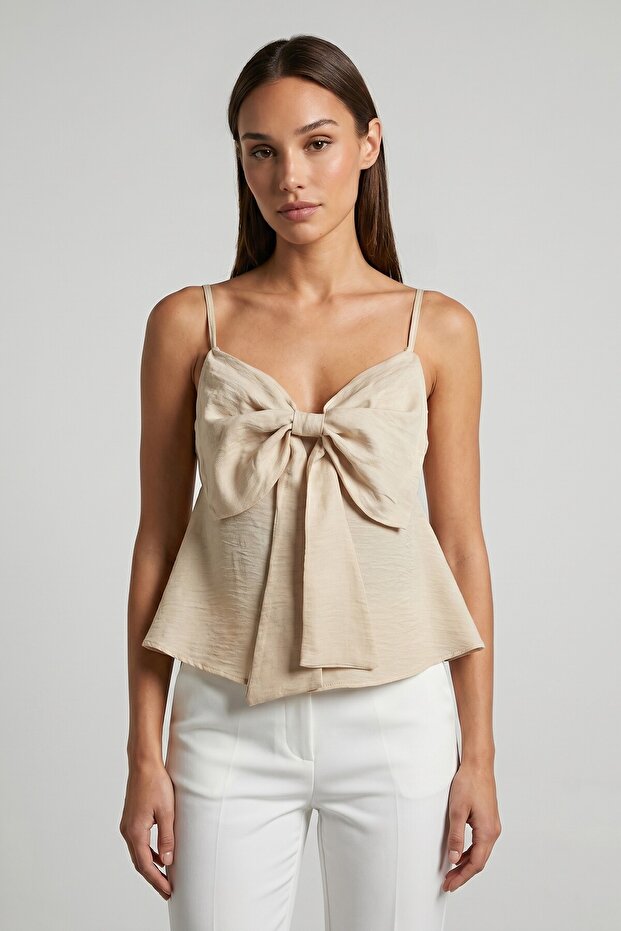 Women's Linen-Like Blouse with Bow Detail on the Front and Adjustable Thin Straps