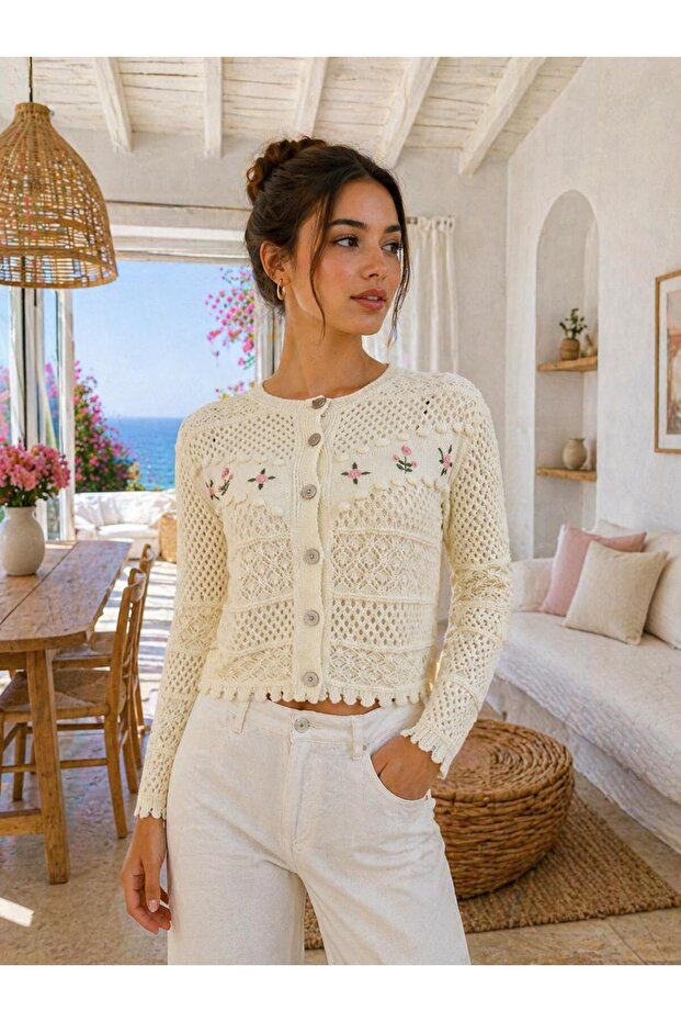Embroidered Openwork Cardigan - 1