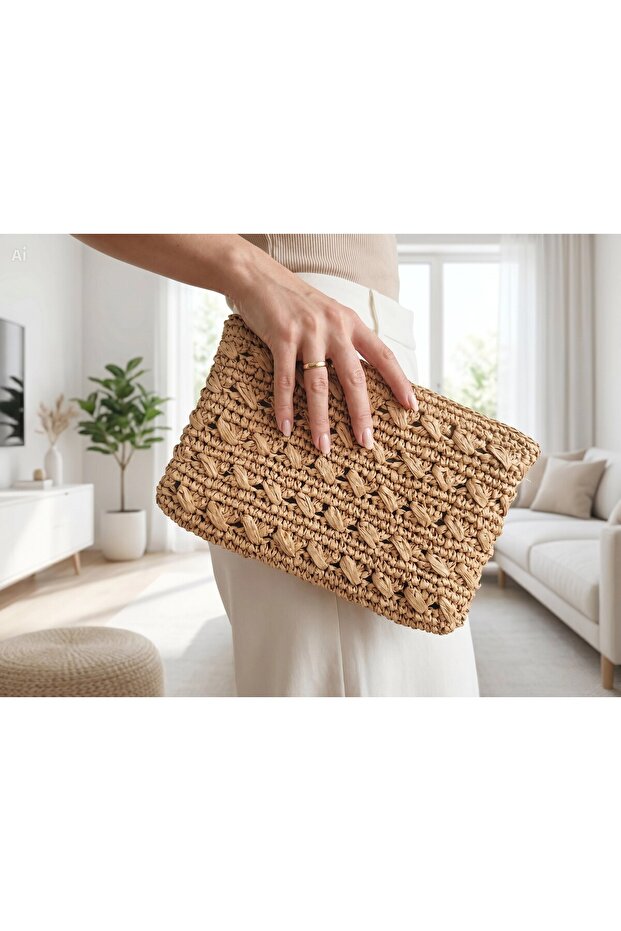 Handmade Paper Rope Raffia Handbag - with Zipper and Pocket - 17X25 cm