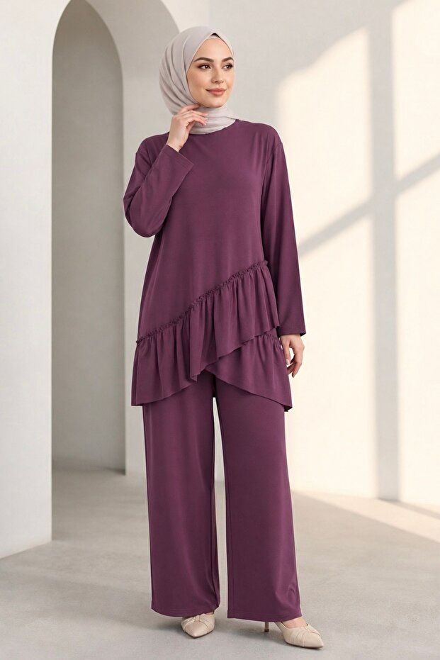 Plum Skirt Ruffled Tunic Pants Modal Set