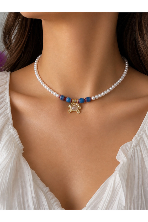 Stylish Women's Choker Necklace with Pearl and Colored Glass Bead Detail and Crab Figure