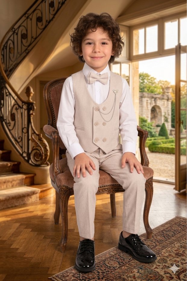 Boys' Tuxedo Suit 6 Buttons Vest with Bow Tie and Chain 4 Piece Set