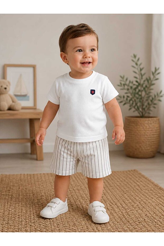 krm kerem bebe Erkek Bebek Rahat Kalıp Çizgili Keten Şortlu & Pamuklu T-Shirt İkili Yazlık Takım