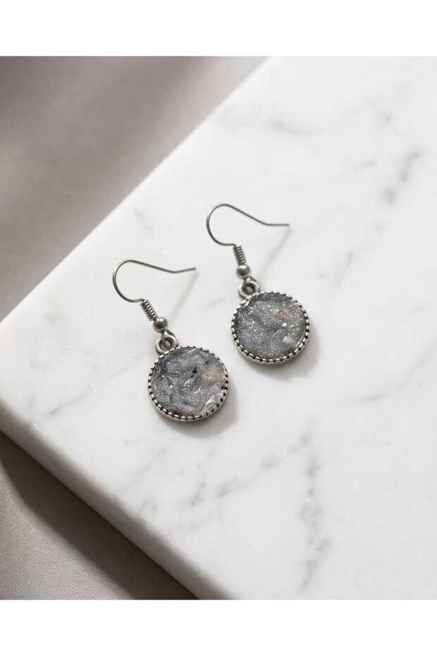Gray Marble Polymer Clay & Epoxy Handmade Design Earrings with Dangle