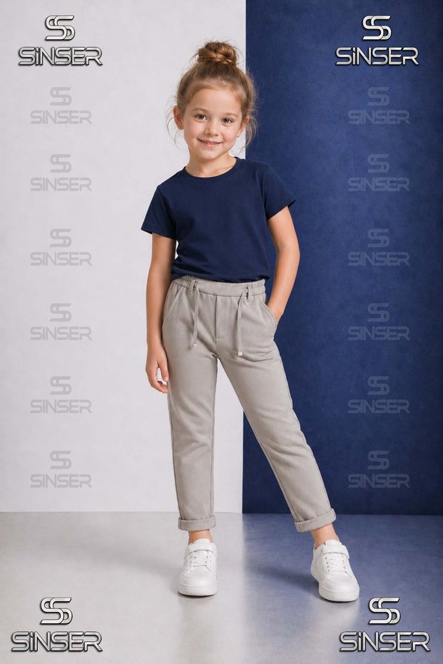 Girls' Plain Trousers with Elastic Waist, Lycra, Folded Cuffs Style 6.Mdl