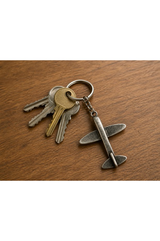Metal Keychain with Airplane Figure, Gray Vintage Design, Gift for Men and Women