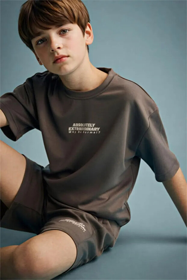 Oversize Crew Neck Slogan Printed Modal Short Sleeve T-Shirt for Boys H3041A826Sm