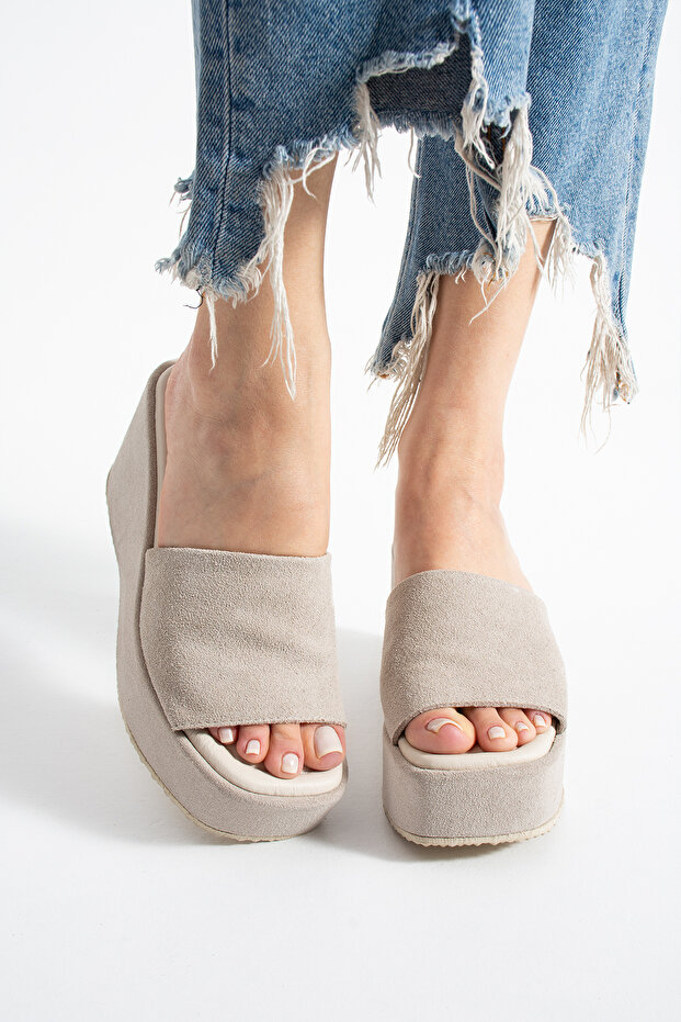 Tibu Thick-Strapped Wedge Heeled Stylish Casual Comfortable Beige Suede Leather Sabo Slippers