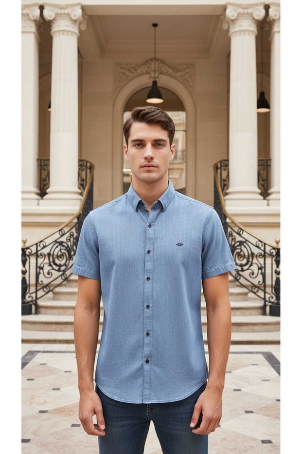 Short Sleeve Buttoned Denim Look Men's Shirt Slim Fit