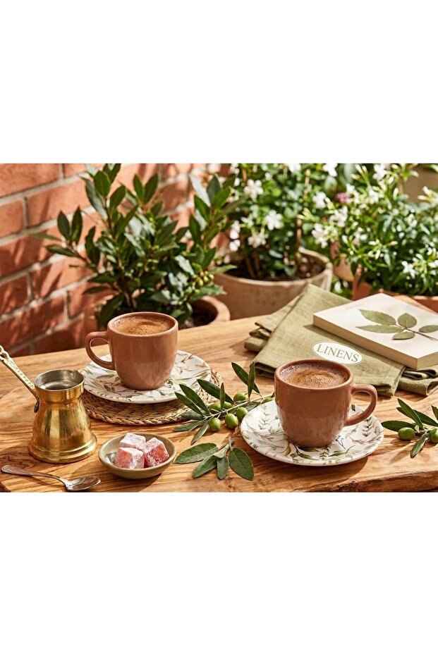 Leaf Patterned 2-Piece Ceramic 110 ml Turkish Kavsesi Cup Set