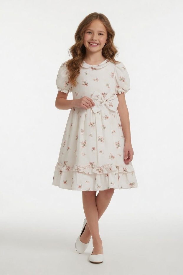 Orange Floral Patterned Tie-Up Girls' Balloon Sleeve Summer Muslin Dress 24043