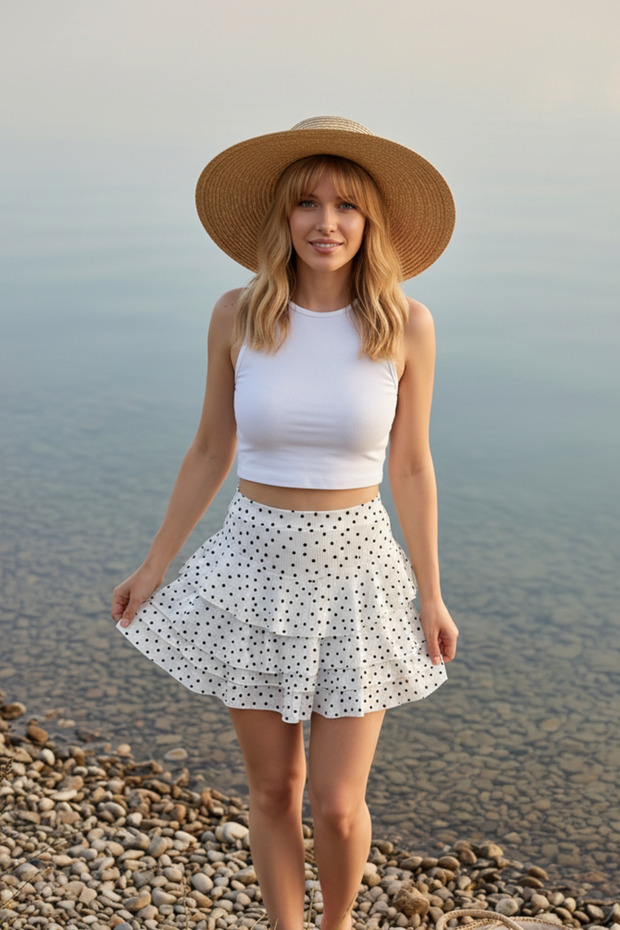 Polka Dot White Women's Wrinkled Mykonos Layered Mini Skirt