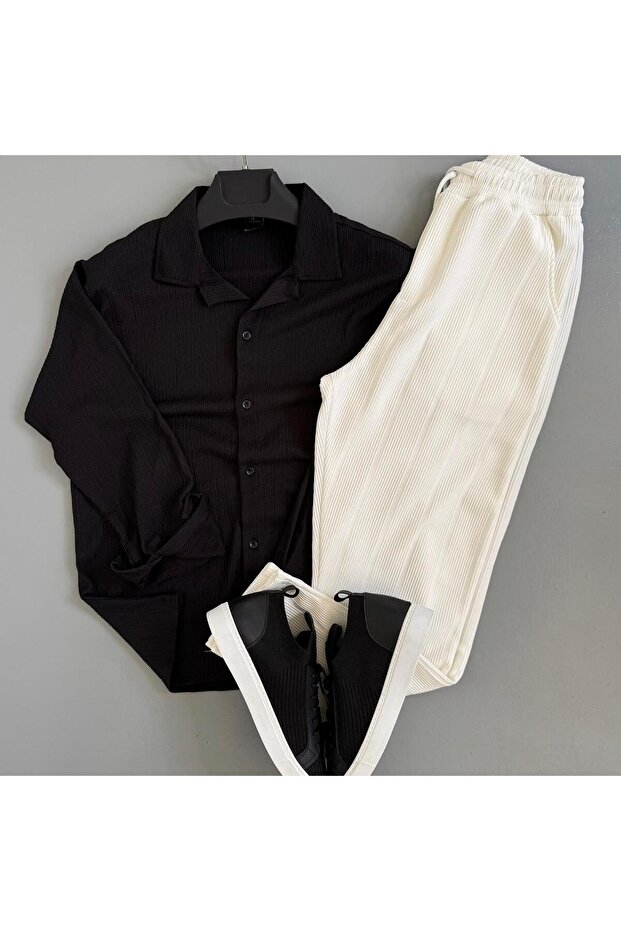 Men's Wrinkled Fabric Summer Shirt Ottoman Trousers Bottom-Top Combination