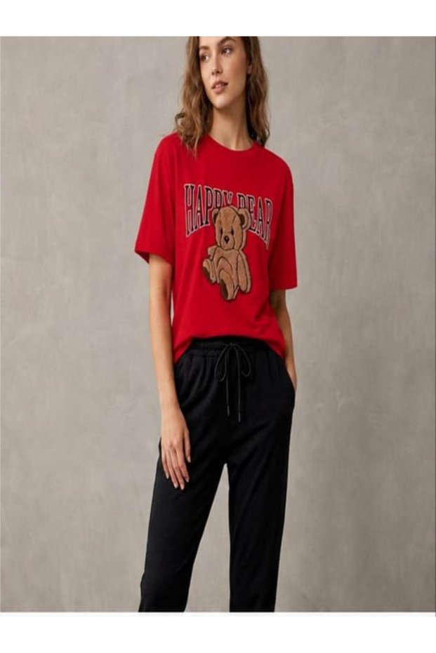 T-Shirt Sweatpants 2-Piece Combination Sweat-Absorbing Happy Bear Printed Women's / Girls' Model
