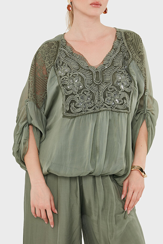 Oversize Silk V-Neck Lace Detailed Blouse Bluz 6901023