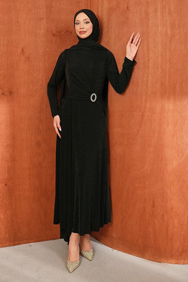 Black Draped Evening Dress with Waist Buckle