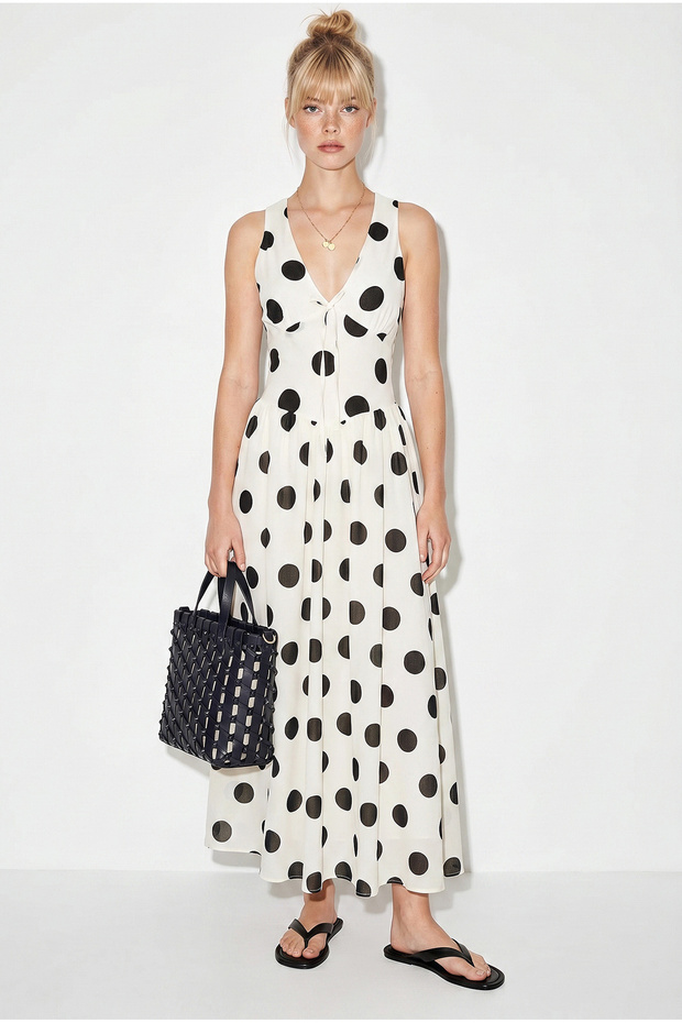Women's Cream Brown Polka Dot Backless Waist Seated Lined Long Dress De261071 60286228