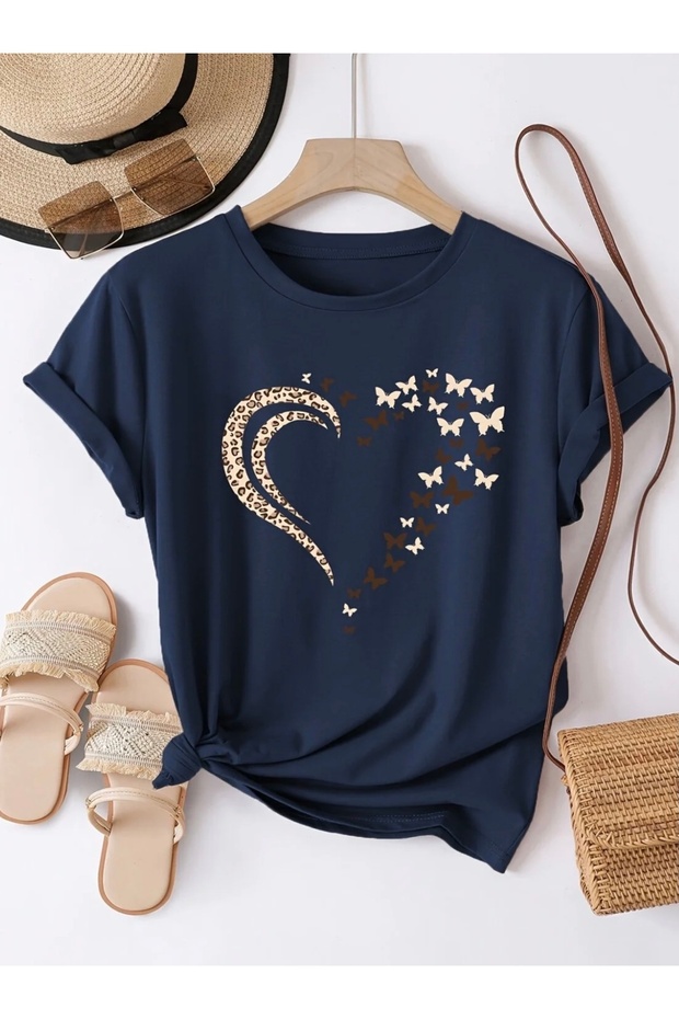 New Season Butterfly Heart Printed 100% Cotton Plus Size Women's T-Shirt