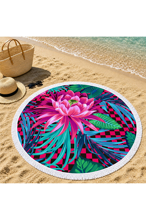 Large Pink Floral and Leaf Patterned 150 cm Round Beach Towel