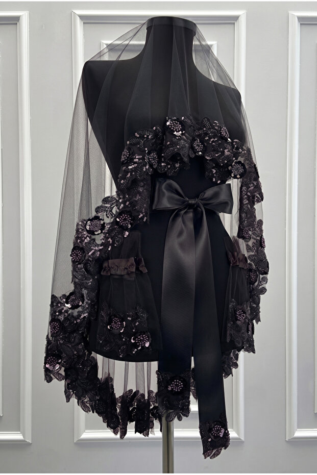 Black Bridal Veil Set, Embellished with Sparkling Sequins and Crystal Glass Beads, Henna Night Veil 6 Pieces